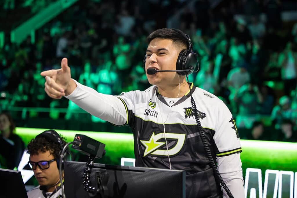 Image of Shotzzy pointing across an esports stage.