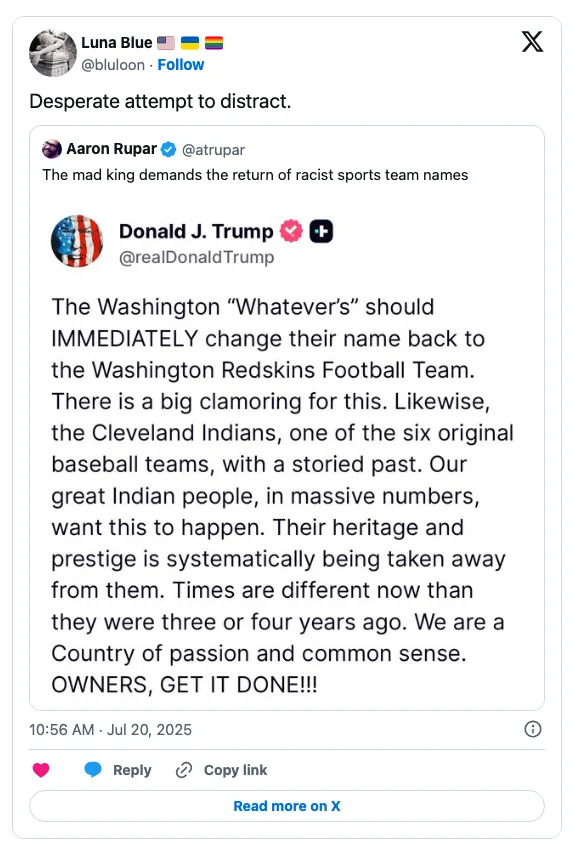 Tweet discussing the demand to rename sports teams, mentioning historical context and heritage. Includes commentary on the tweet's intent