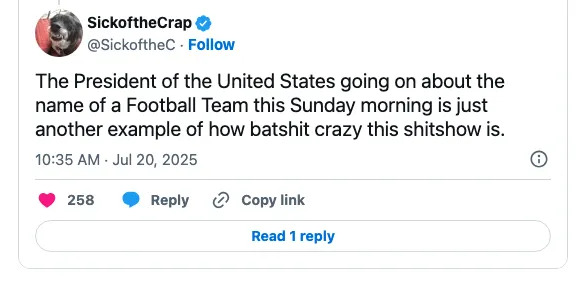Screenshot of a tweet criticizing the U.S. President discussing a football team's name amidst broader issues, described as chaotic