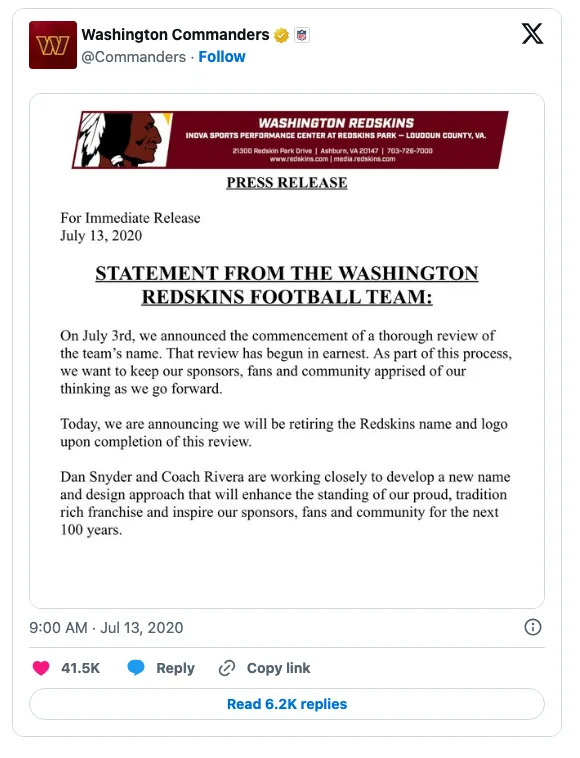Summary of the text: The Washington Redskins announce a review of their team name, aiming for one that honors their community and tradition