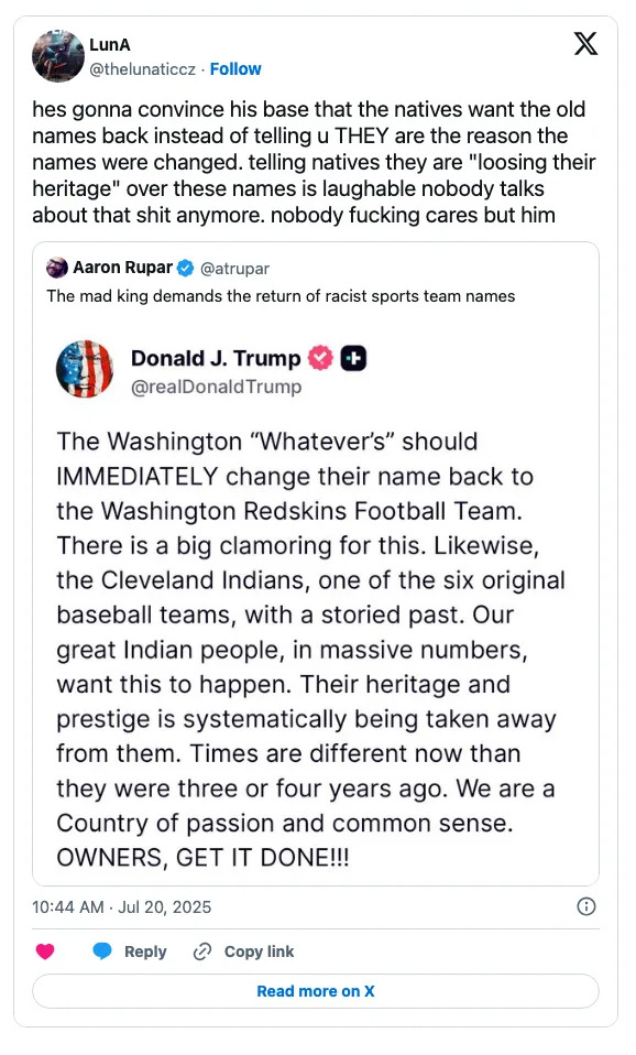 Tweet criticizing name changes of sports teams, suggesting return to original names, citing heritage and tradition as reasons