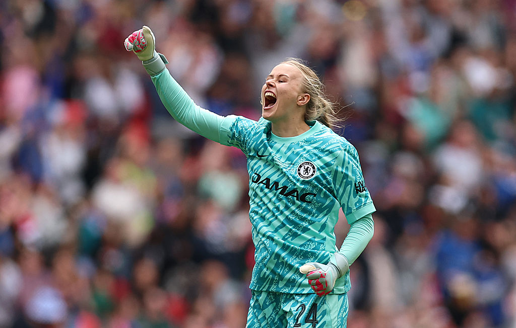 Hannah Hampton of Chelsea celebrates victory after The Adobe Women's FA Cup Final match between Chelsea and Manchester United at Wembley Stadium on May 18, 2025 in London, England.