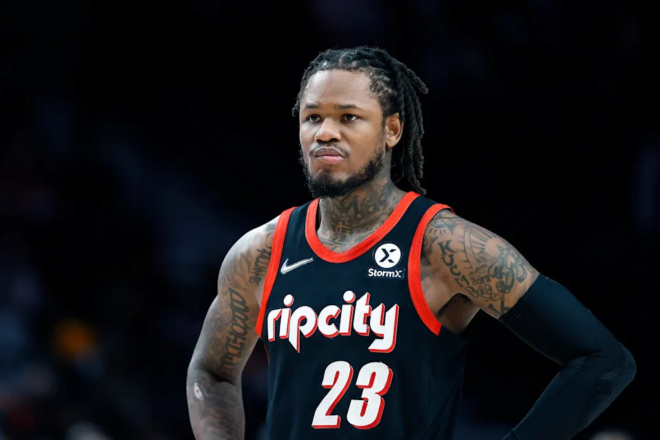 PORTLAND, OREGON - JANUARY 05: Ben McLemore # 23 of the Portland Trail Blazers looks on during the first half against the Miami Heat at Moda Center on January 05, 2022 in Portland, Oregon. NOTE TO USER: User expressly acknowledges and agrees that, by downloading and or using this photograph, User is consenting to the terms and conditions of the Getty Images License Agreement. (Photo by Soobum Im/Getty Images)