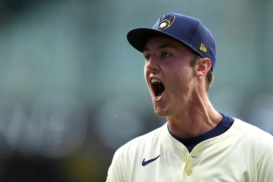 The Brewers' Jacob Misiorowski shouts during the sixth inning of a game against the Dodgers on Tuesday in Milwaukee.