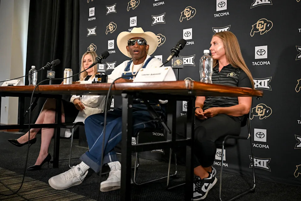 BOULDER , CO - JULY 28: Head coach DeIon Sanders of the University of Colorado speaks about his journey beating bladder cancer during a press conference in the Touchdown Club at Folsom Field in Boulder, Colorado on Monday, July 28, 2025. (Photo by AAron Ontiveroz/MediaNews Group/The Denver Post via Getty Images)