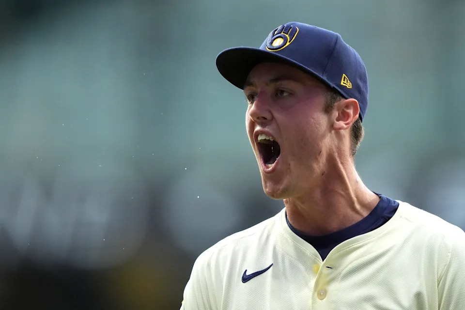 Jacob Misiorowski was fired up while leading the Brewers past the Dodgers. He recorded a career-high 12 strikeouts in the win. (AP Photo/Aaron Gash)