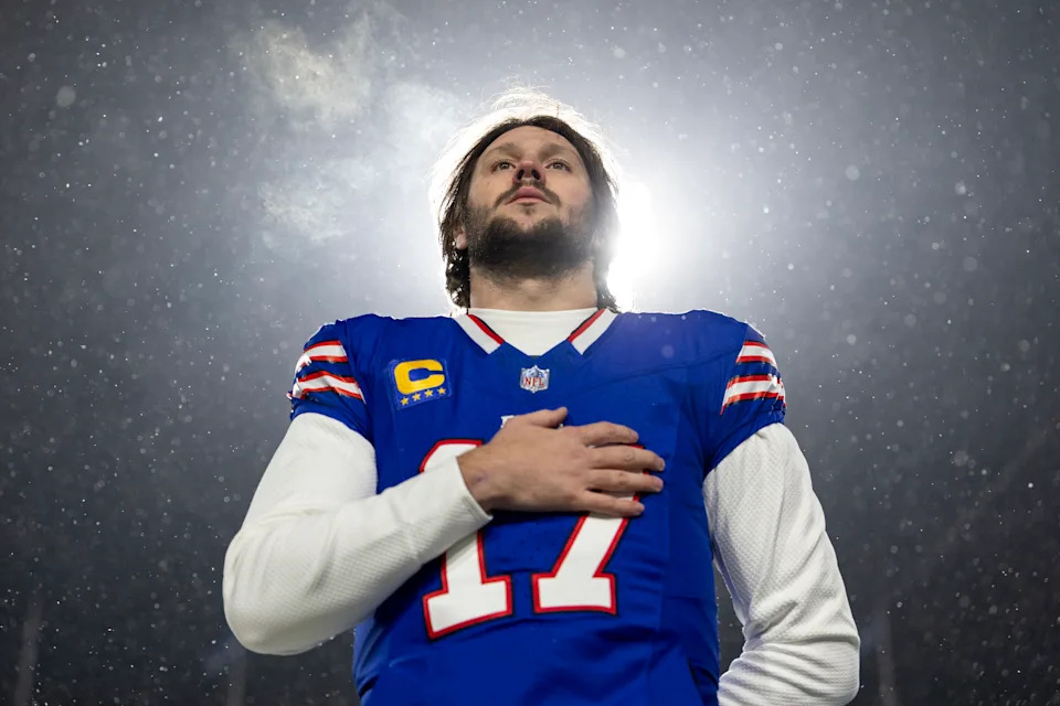 Josh Allen accumulated 3,731 passing yards and 28 touchdowns, along with 531 rushing yards and 12 touchdowns, during his NFL MVP season. (Photo by Michael Owens/Getty Images)