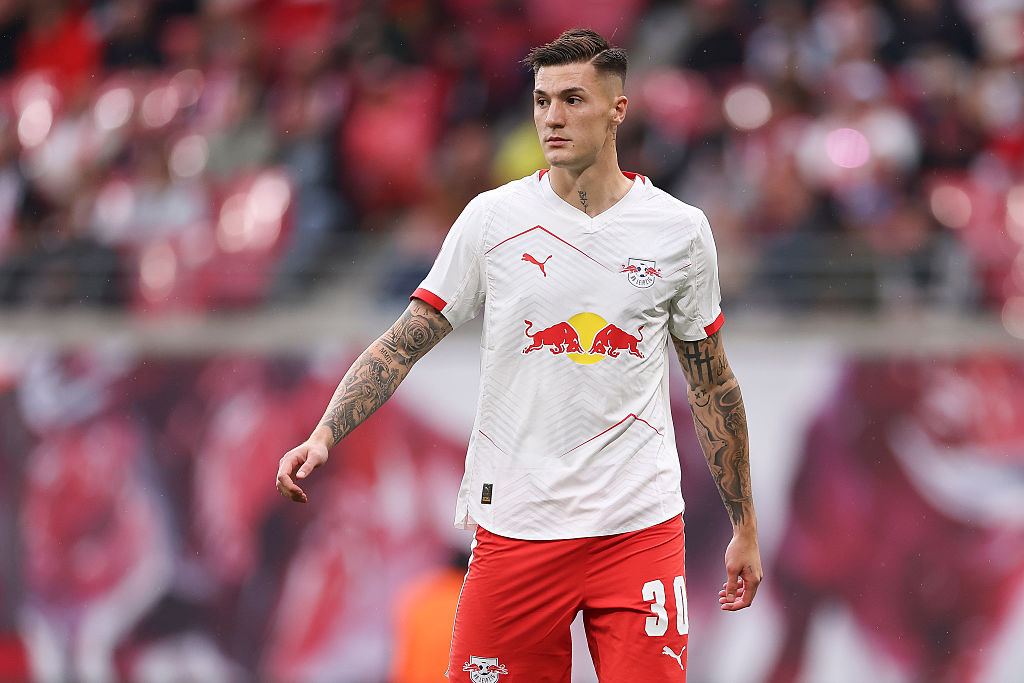 Benjamin Sesko of RB Leipzig looks on during the Bundesliga match between RB Leipzig and VfB Stuttgart at Red Bull Arena on May 17, 2025 in Leipzig, Germany.