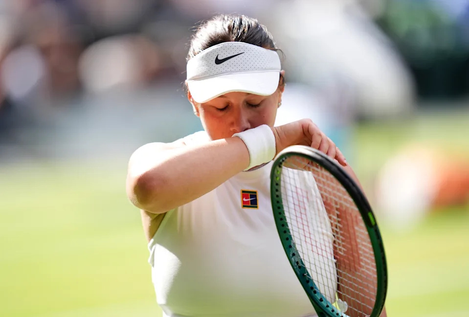 Amanda Anisimova looks dejected during her Ladies' Singles Final against Iga Swiatek on day thirteen of the 2025 Wimbledon Championships at the All England Lawn Tennis and Croquet Club, London. Picture date: Saturday July 12, 2025. (Photo by Adam Davy/PA Images via Getty Images)
