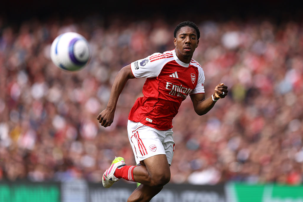 Myles Lewis-Skelly of Arsenal during the Premier League match between Arsenal FC and Newcastle United FC at Emirates Stadium on May 18, 2025 in London, England.