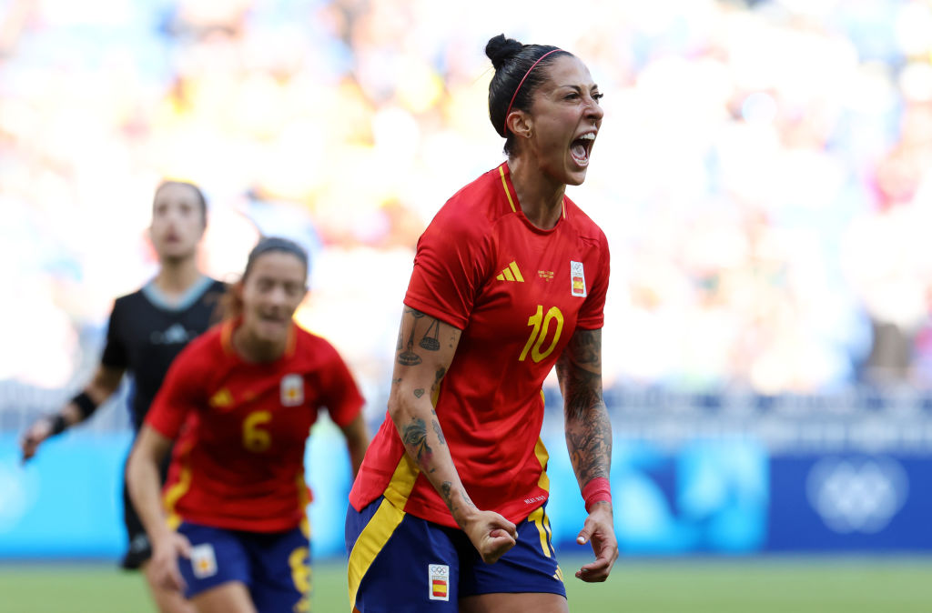 Jennifer Hermoso #10 of Team Spain celebrates scoring her team's first goal during the Women's Quarterfinal match between Spain and Colombia during the Olympic Games Paris 2024 at Stade de Lyon on August 03, 2024 in Lyon, France.