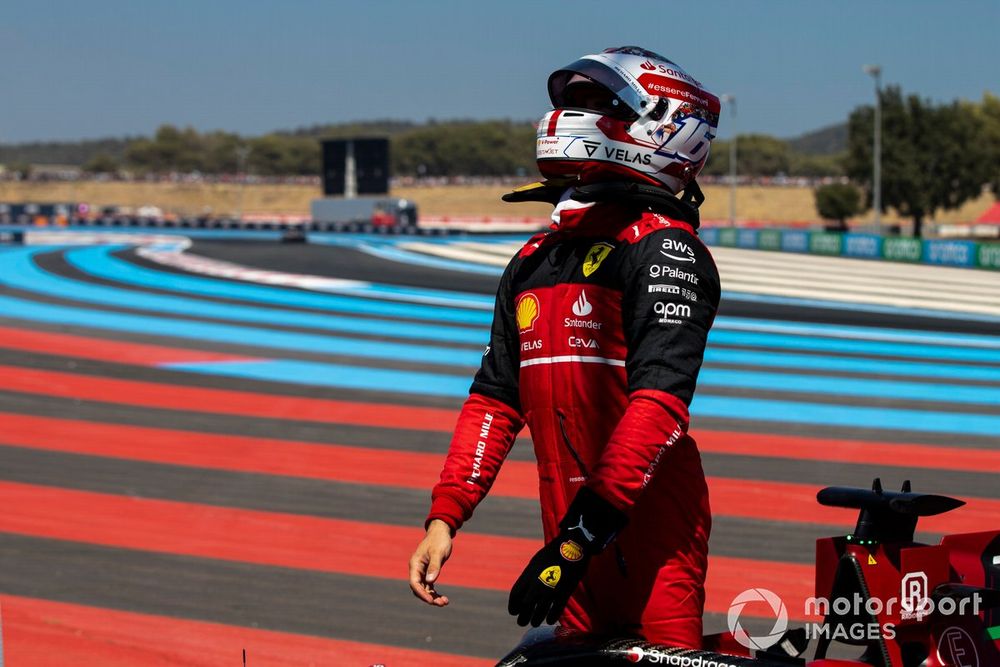 Charles Leclerc, Ferrari F1-75, exits his car after crashing out at Le Beausset