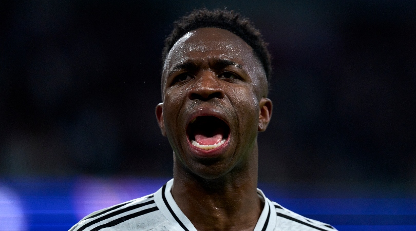 Vinicius Junior celebrates after scoring his second goal for Real Madrid against RB Salzburg in the Champions League in January 2025.