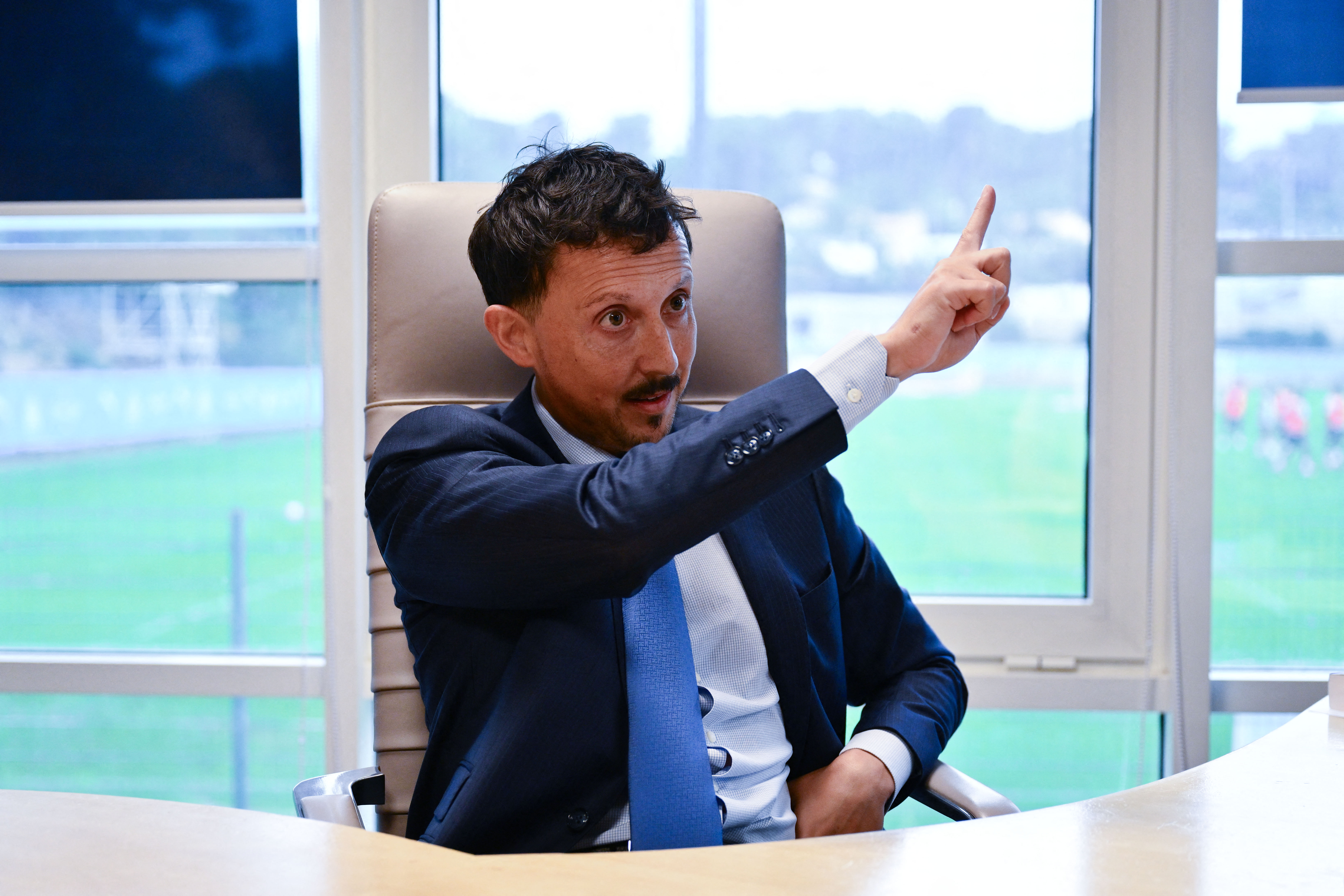 Marseille's Spanish President Pablo Longoria speaks during an interview with AFP at the Commanderie in Marseille, south-eastern France, on August 20, 2025. Marseille's defeat on August 15, 2025 in Rennes had even more repercussions than expected: involved in a fight after the match, Adrien Rabiot and Jonathan Rowe were placed on the transfer list by the club on August 19, 2025. (Photo by Christophe SIMON / AFP)
