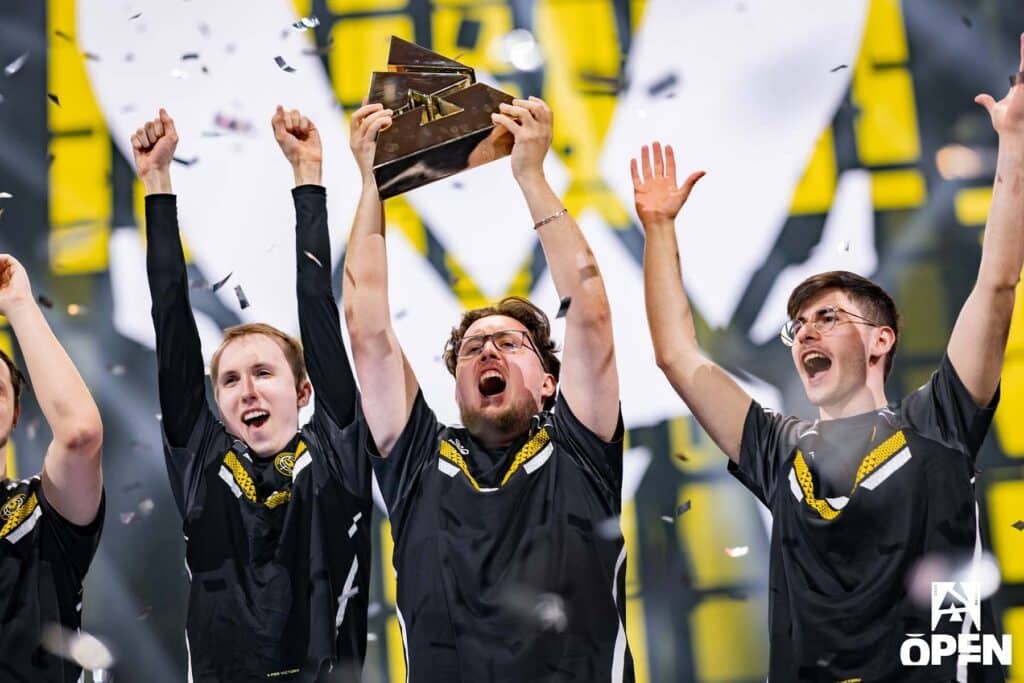 Image of Team Vitality Counter-Strike team lifting BLAST Open Lisbon trophy