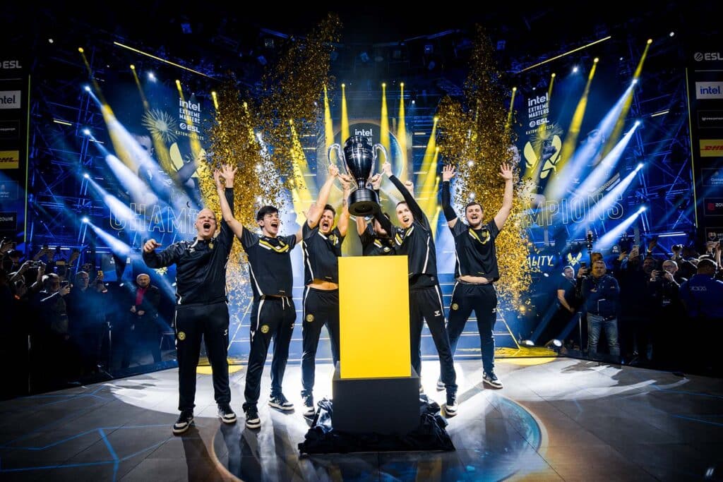 Image of Team Vitality Counter-Strike team lifting IEM Katowice 2025 trophy