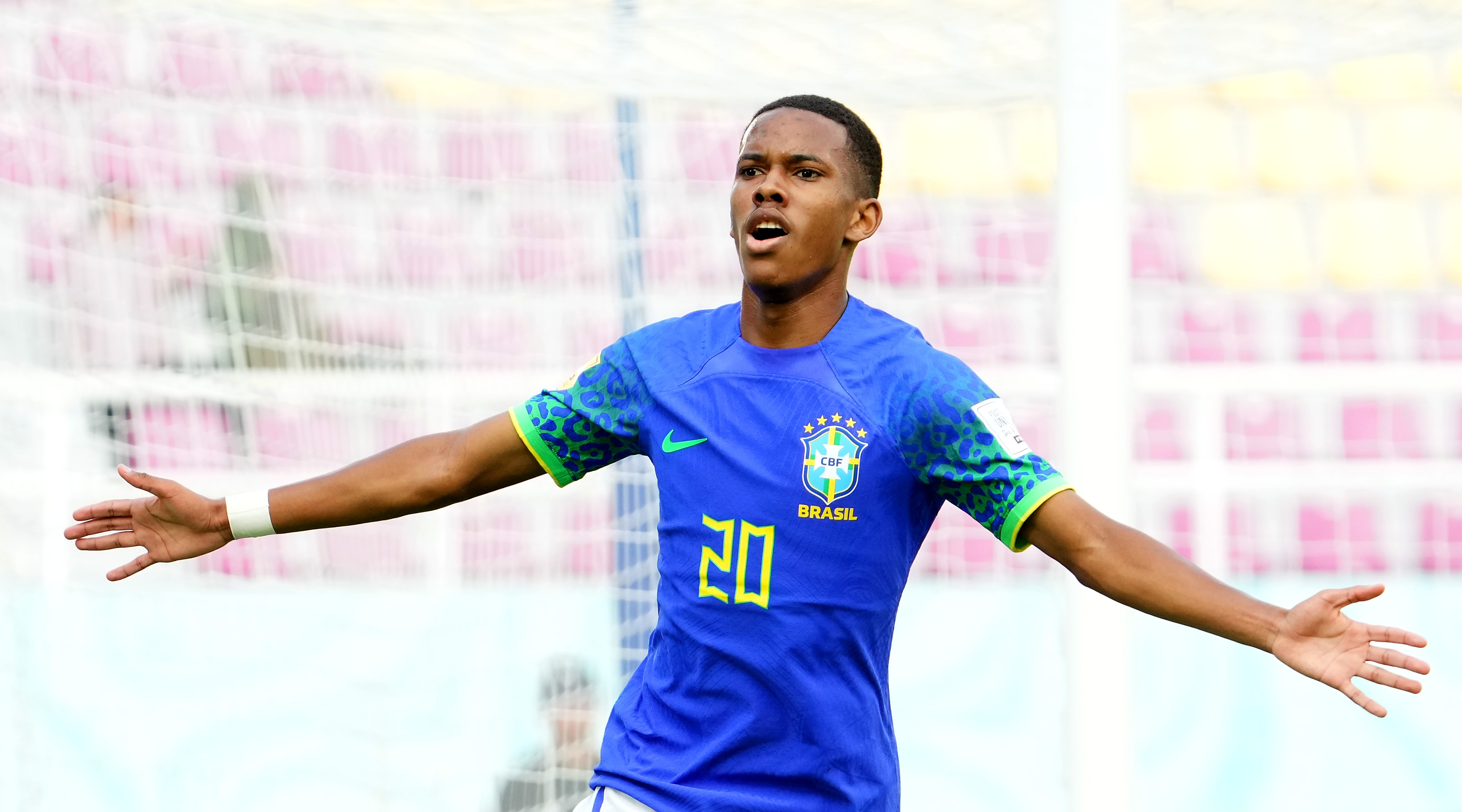 SURAKARTA, INDONESIA - NOVEMBER 20: Estevao of Brazil celebrates scoring the opening goal during the FIFA U-17 World Cup Round 16 match between Ecuador and Brazil at Manahan Stadium on November 20, 2023 in Surakarta, Indonesia. (Photo by Masashi Hara - FIFA/FIFA via Getty Images)