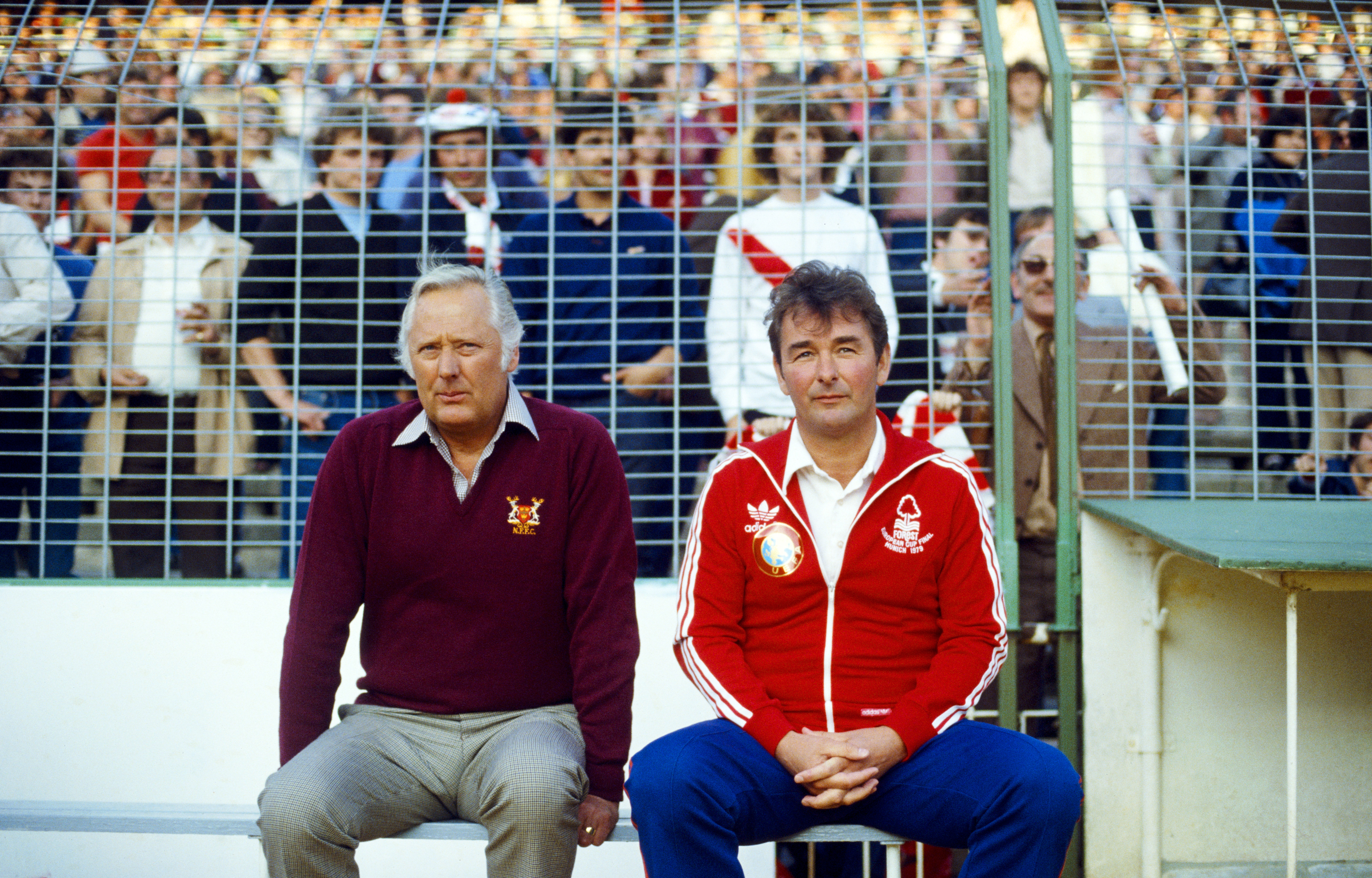 Nottingham Forest manager Brian Clough and assistant manager Peter Taylor look on ahead of the 1980 European Cup final against Hamburg in Madrid