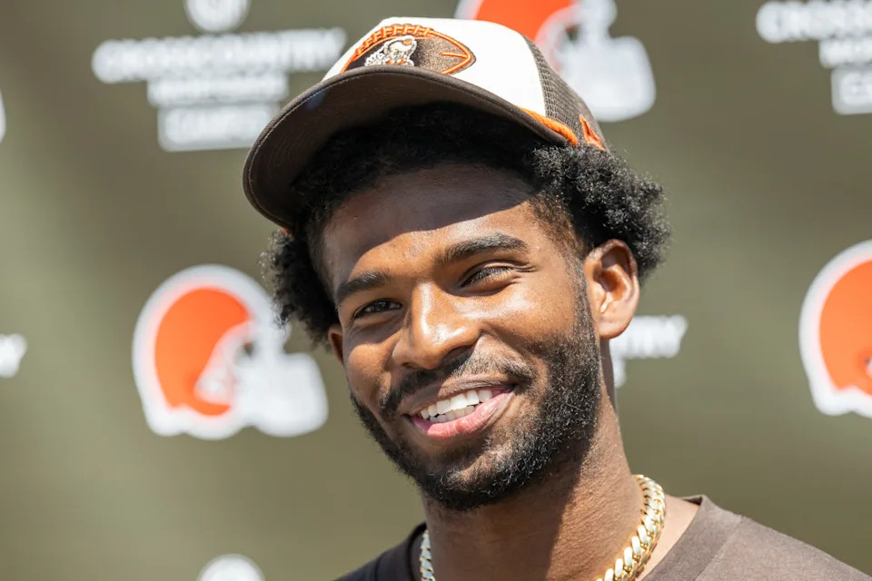 May 10, 2025; Berea, OH, USA; Cleveland Browns quarterback Shedeur Sanders (12) talks to the media during rookie minicamp at CrossCountry Mortgage Campus. Mandatory Credit: Ken Blaze-Imagn Images.Ken Blaze-Imagn Images.
