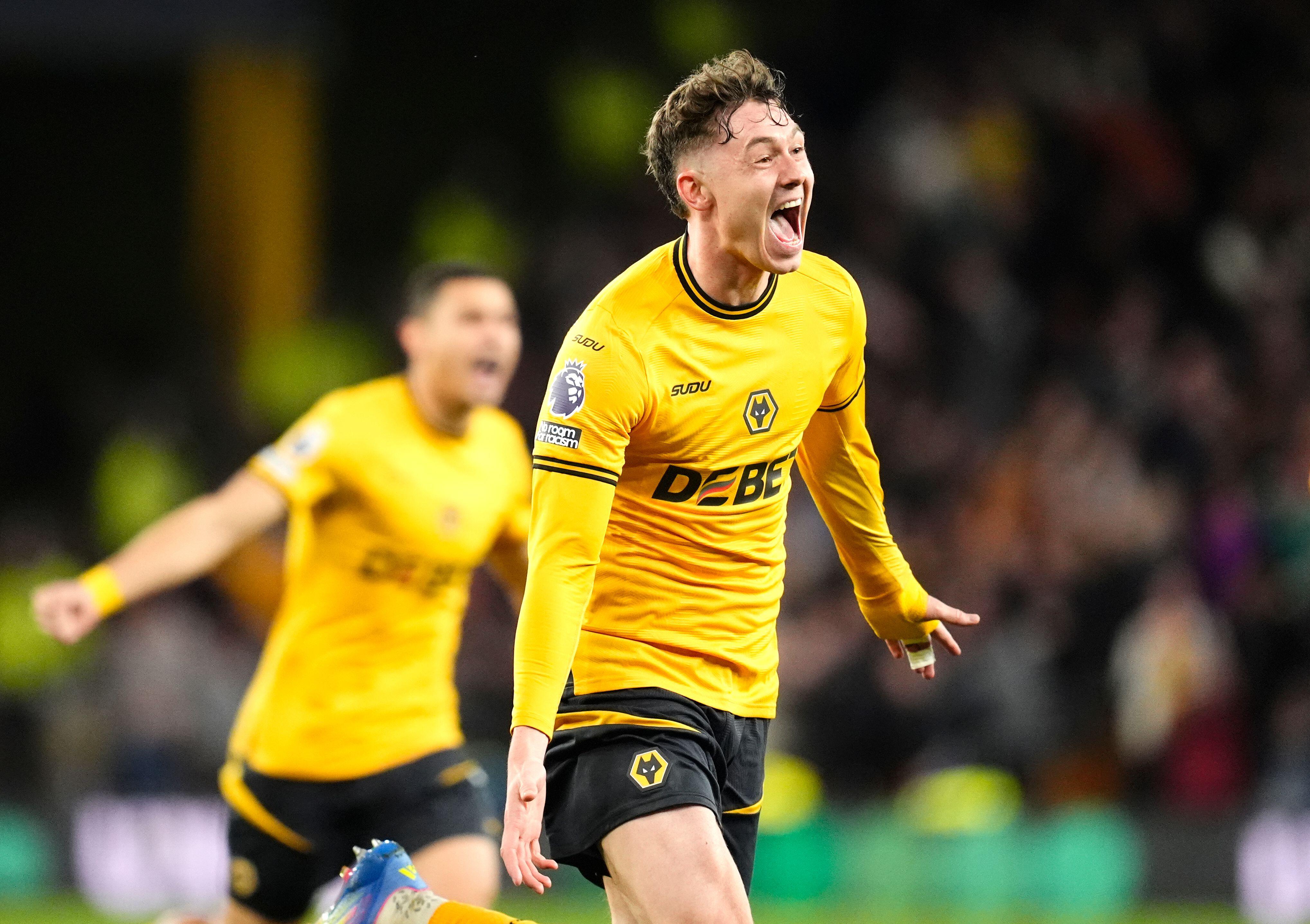 Jorgen Strand Larsen celebrates after scoring for Wolverhampton Wanderers during the Premier League match against West Ham United at Molineux in Wolverhampton, England on 1 April, 2025.