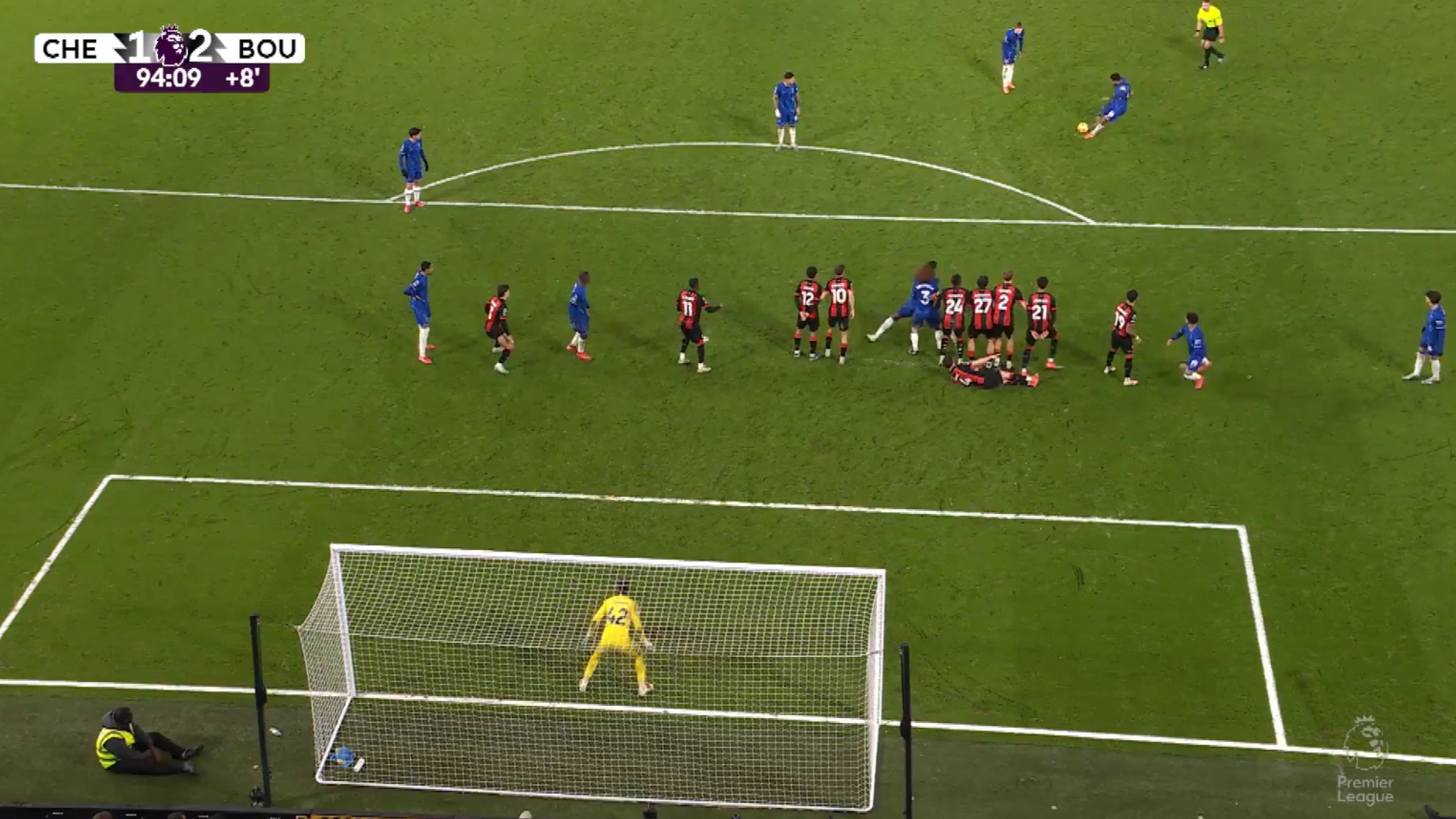Reece James' free-kick against Bournemouth in January was allowed to stand despite two Chelsea players being within one metre of the wall