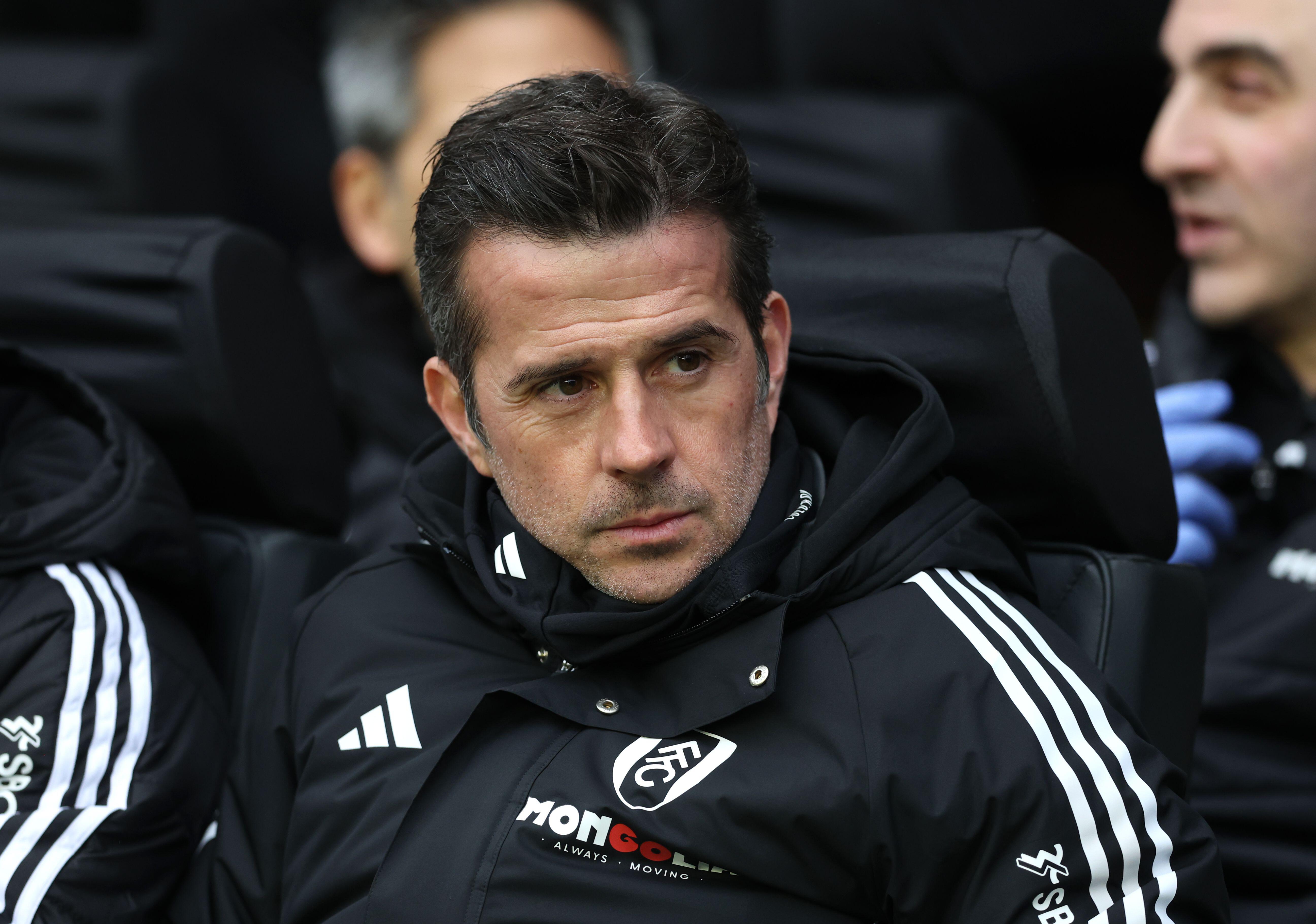 Fulham manager and Tottenham Hotspur target Marco Silva looks on from the dugout ahead of the FA Cup fourth round tie against Wigan Athletic at the Brick Community Stadium in Wigan, England on 8 February, 2025