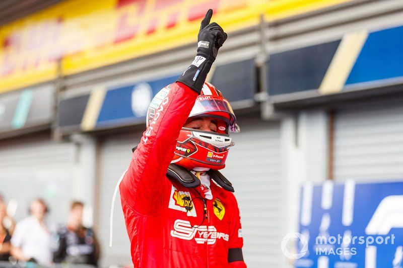 Charles Leclerc, Ferrari, 1st position, celebrates on arrival in Parc Ferme