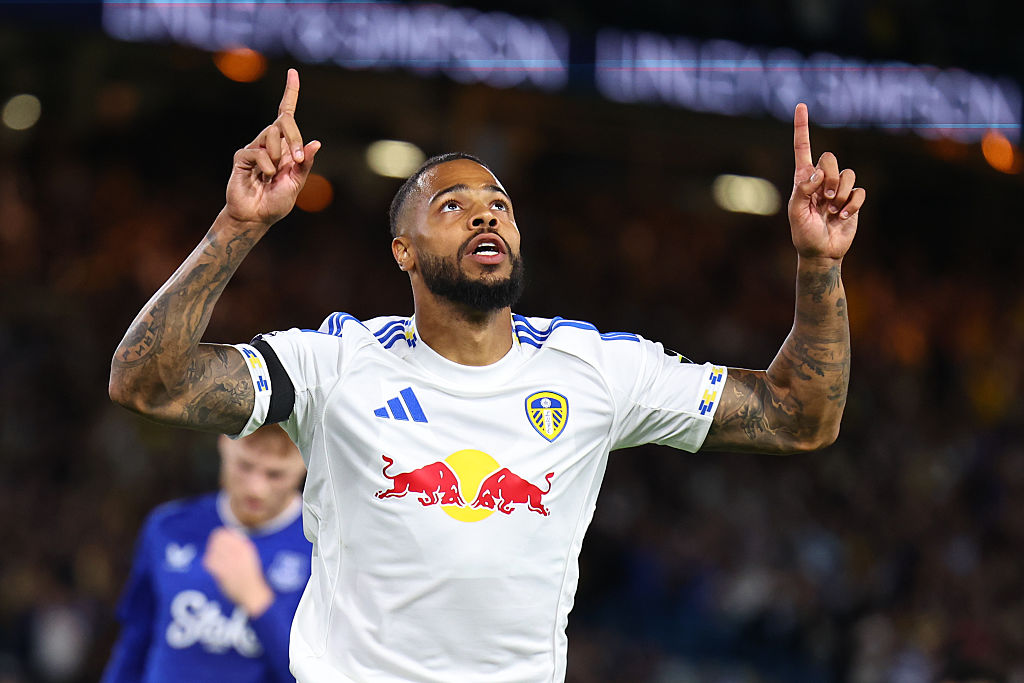 Lukas Nmecha of Leeds United celebrates after scoring a goal to make it 1-0 during the Premier League match between Leeds United and Everton at Elland Road on August 18, 2025 in Leeds, England.
