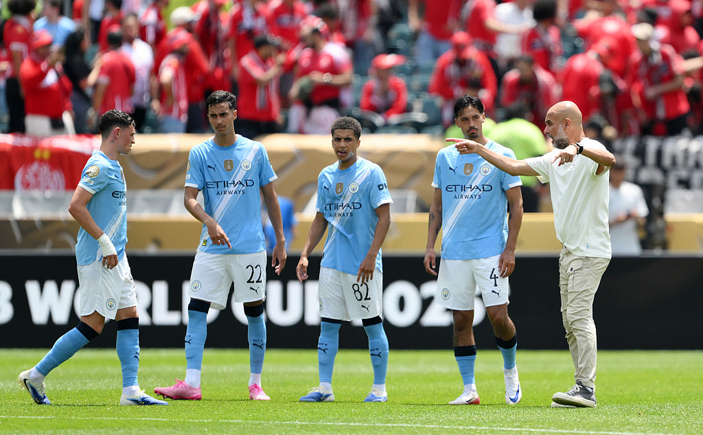 Pep Guardiola (R), Head Coach of Manchester City, instructs his players during the FIFA Club World Cup 2025 group G match between Manchester City FC and Wydad AC at Lincoln Financial Field on June 18, 2025 in Philadelphia, Pennsylvania.