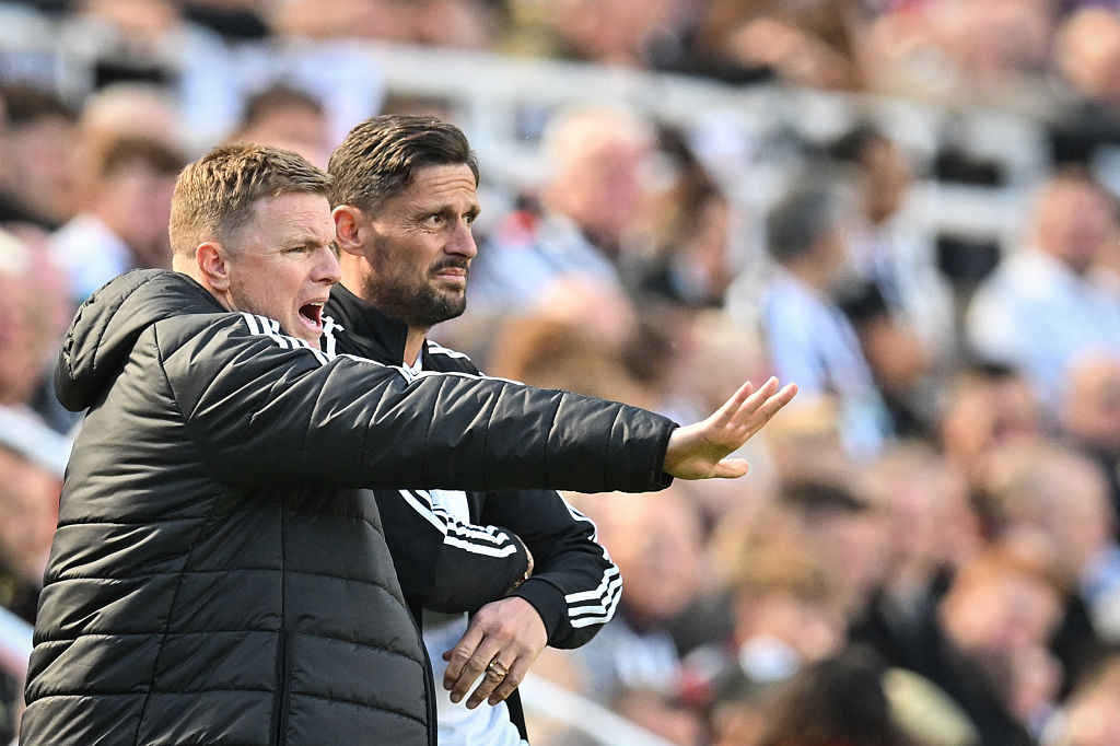 Newcastle United's English head coach Eddie Howe (L) speaks to Newcastle United's assistant coach Jason Tindall during the English Premier League football match between Newcastle United and Everton at St James' Park in Newcastle-upon-Tyne, north east England on May 25, 2025.