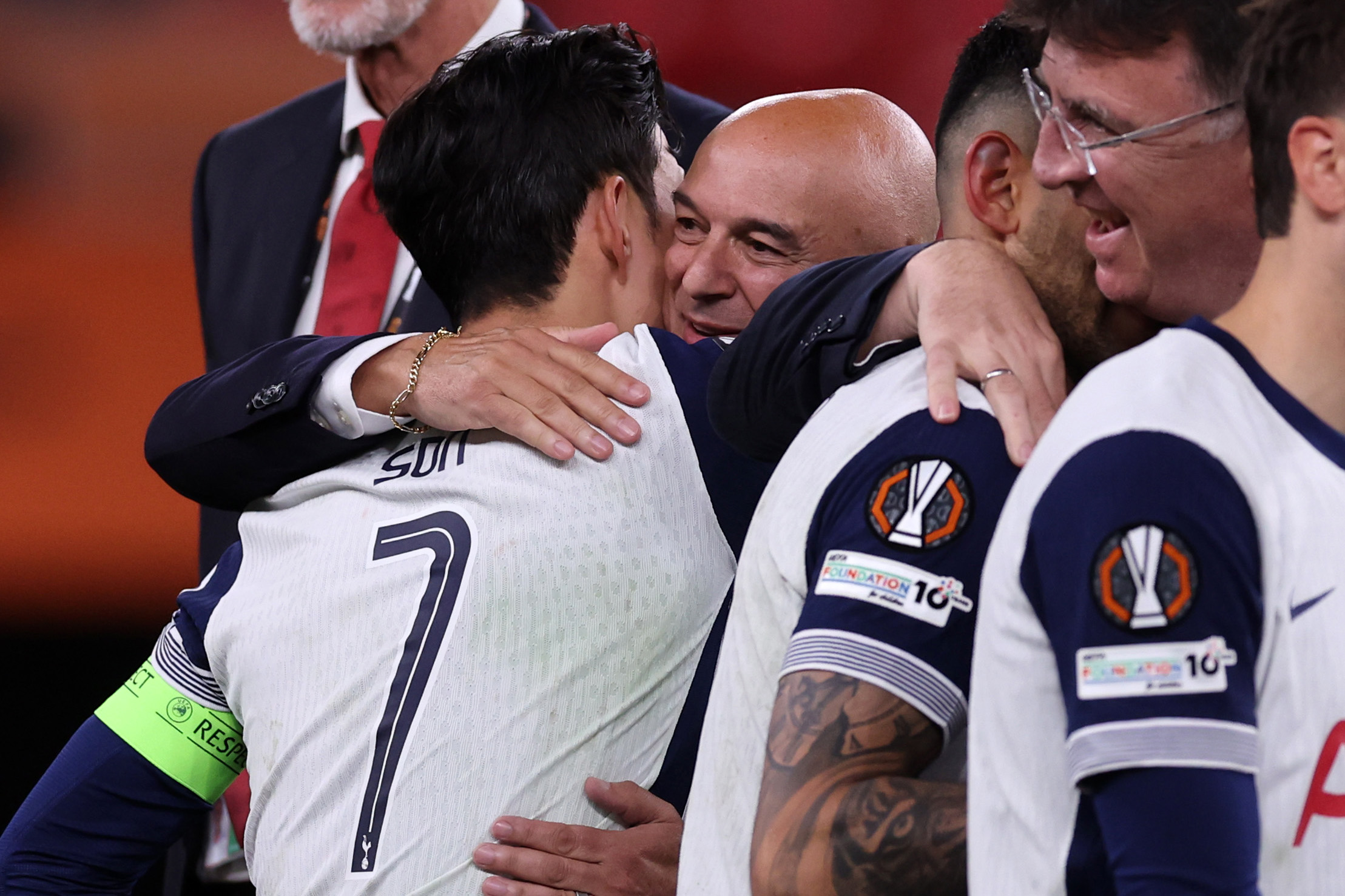 Son Heung-min hugs Spurs chairman Daniel Levy