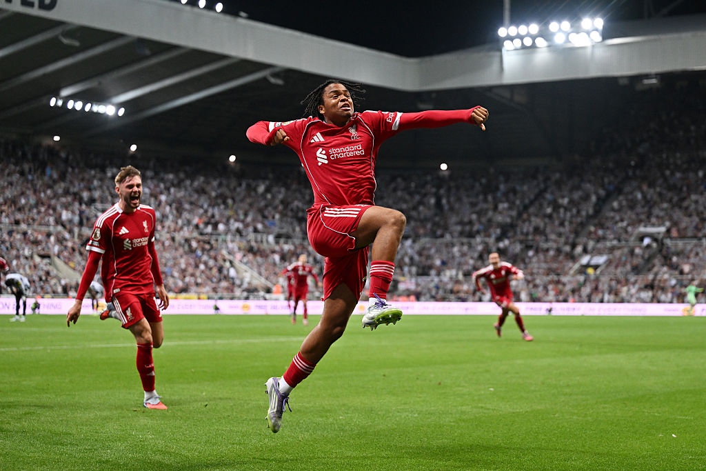 Rio Ngumoha of Liverpool celebrates scoring his team's third goal during the Premier League match between Newcastle United and Liverpool at St James' Park on August 25, 2025 in Newcastle upon Tyne, England.
