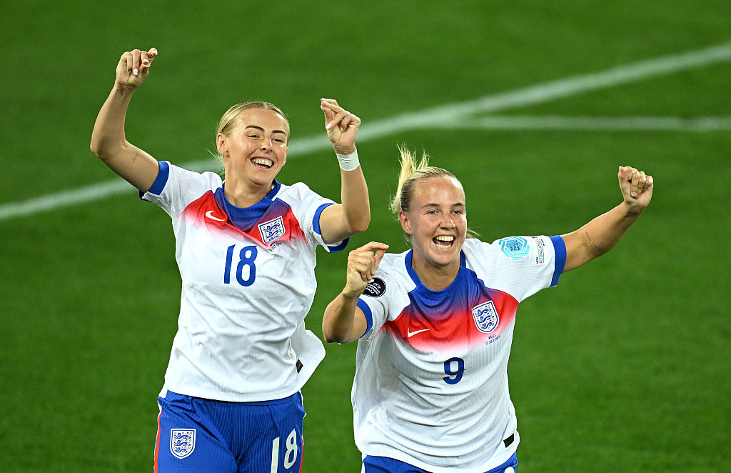 Chloe Kelly and Beth Mead celebrate a goal against Wales