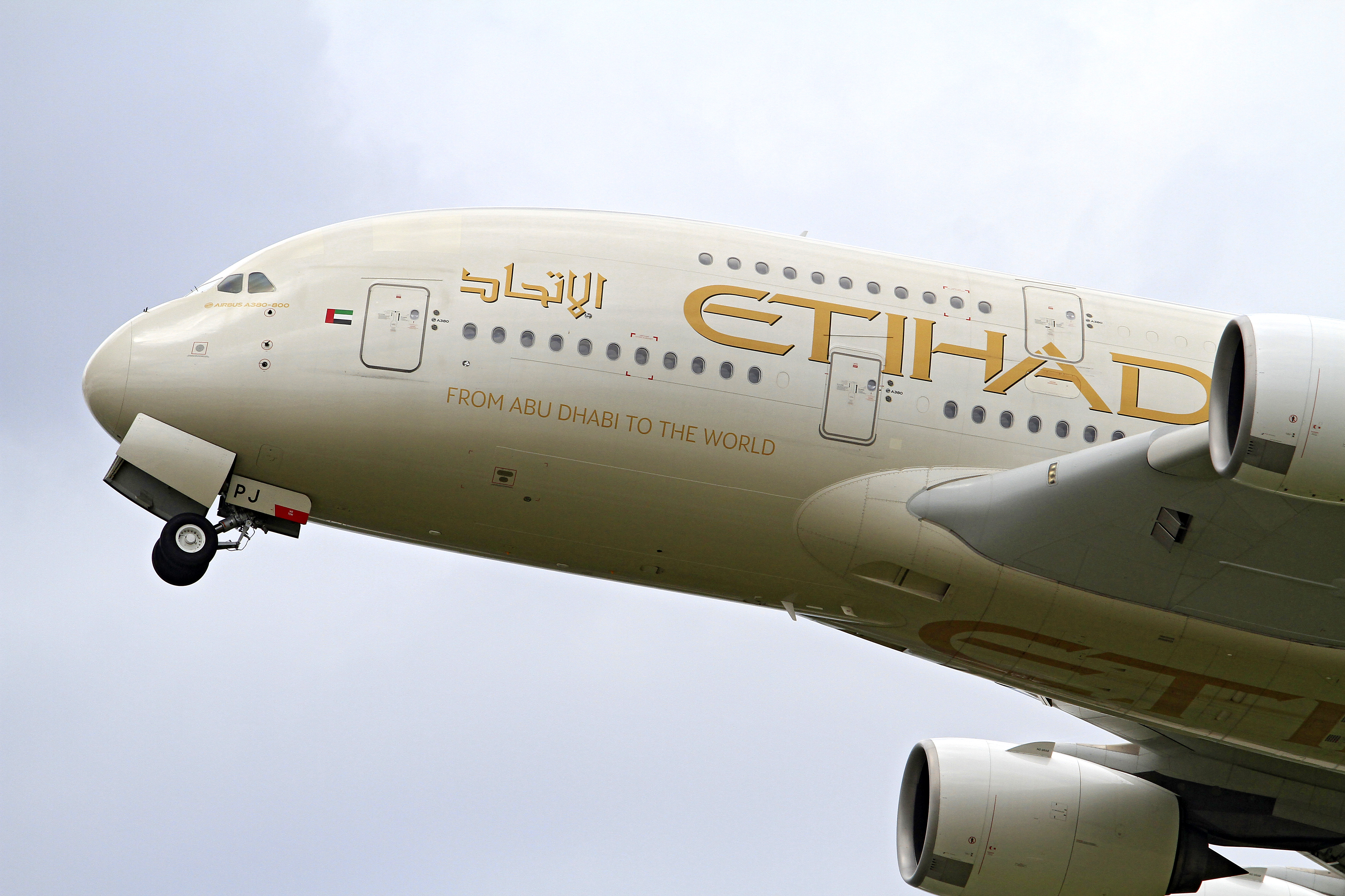 An Etihad Airways Airbus A380-800 departs Toronto Pearson International Airport for the United Arab Emirates in Mississauga, Ontario, on June 25, 2025. (Photo by Mike Campbell)