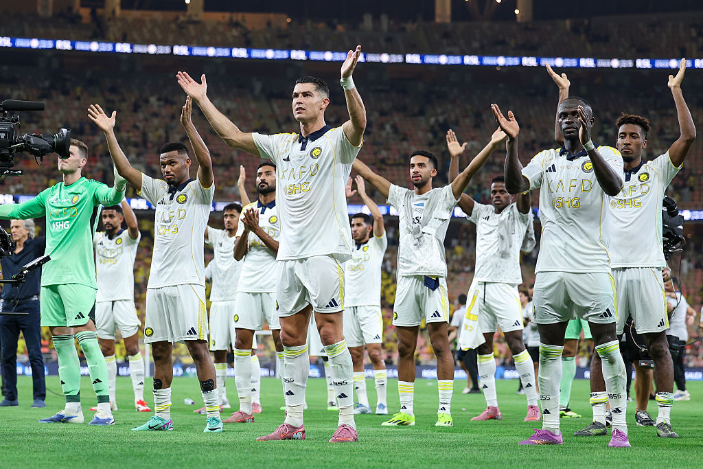 Cristiano Ronaldo and players of Al Nassr celebrates victory after winning the Saudi Pro League match between Al Ittihad and Al Nassr at King Abdullah Sports City on September 26, 2025 in Jeddah, Saudi Arabia.