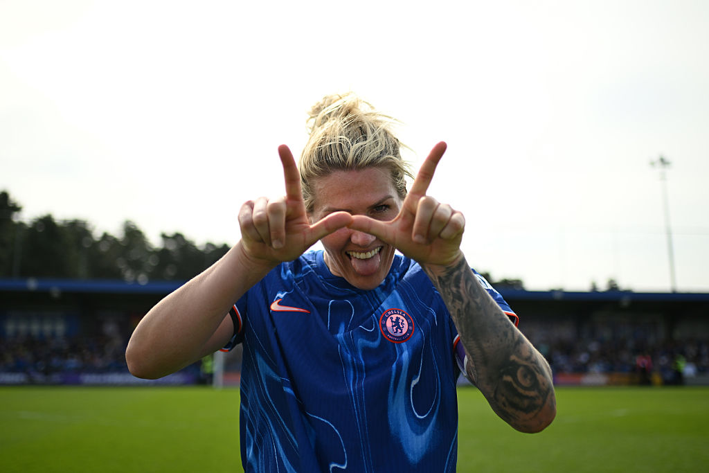 Millie Bright of Chelsea celebrates following her team's victory in The Adobe Women's FA Cup Semi Final match between Chelsea and Liverpool at Kingsmeadow on April 12, 2025 in Kingston upon Thames, England.