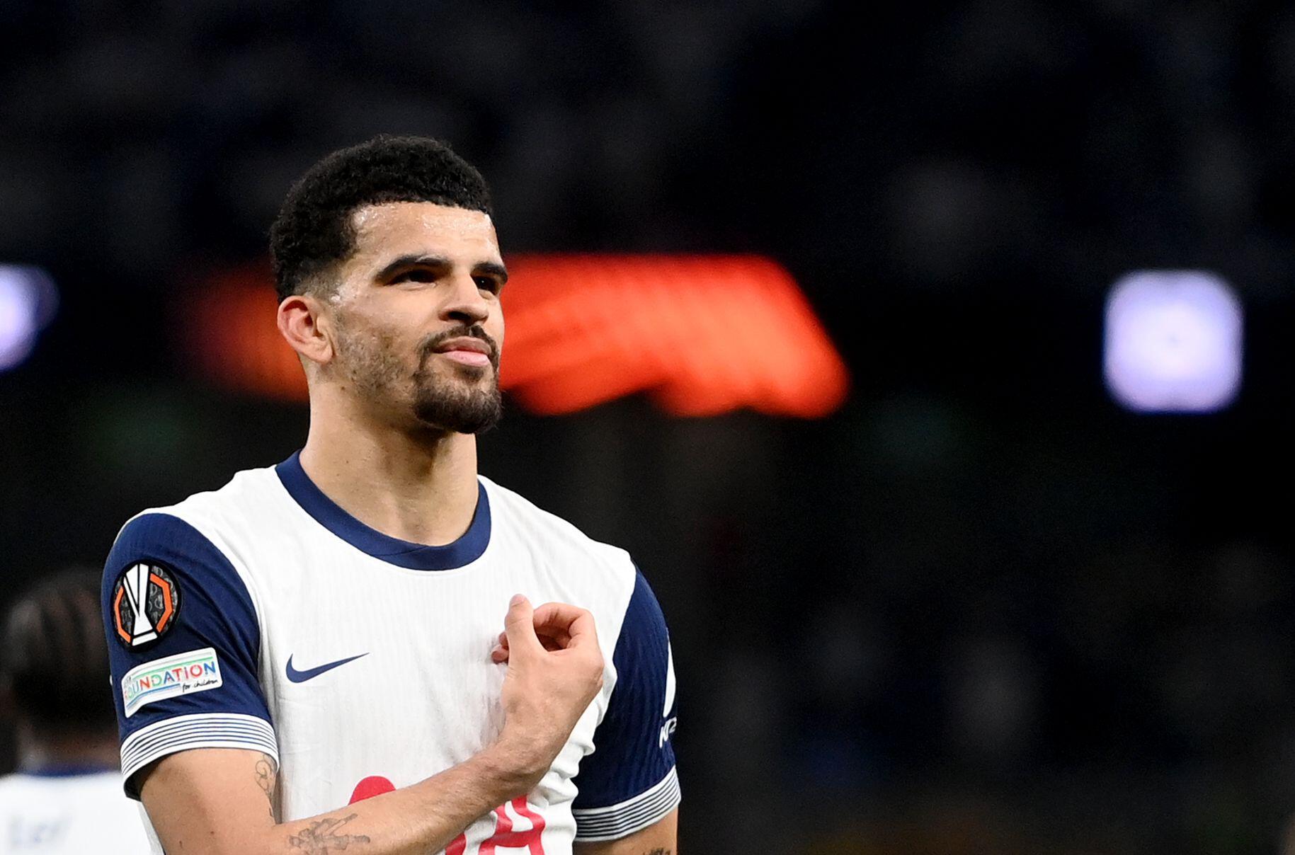 Dominic Solanke celebrates after scoring for Tottenham against Bodo/Glimt in the Europa League semi-finals, May 2025.