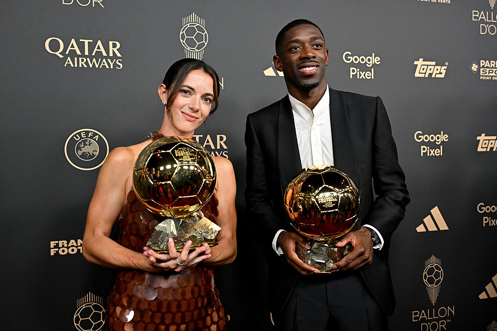 Aitana Bonmati and Ousmane Dembele pose for a photo with the Women's Ballon d'Or and Men&rsquo;s Ballon d&rsquo;Or trophies during the 69th Ballon D'Or Ceremony at Theatre Du Chatelet on September 22, 2025 in Paris, France.