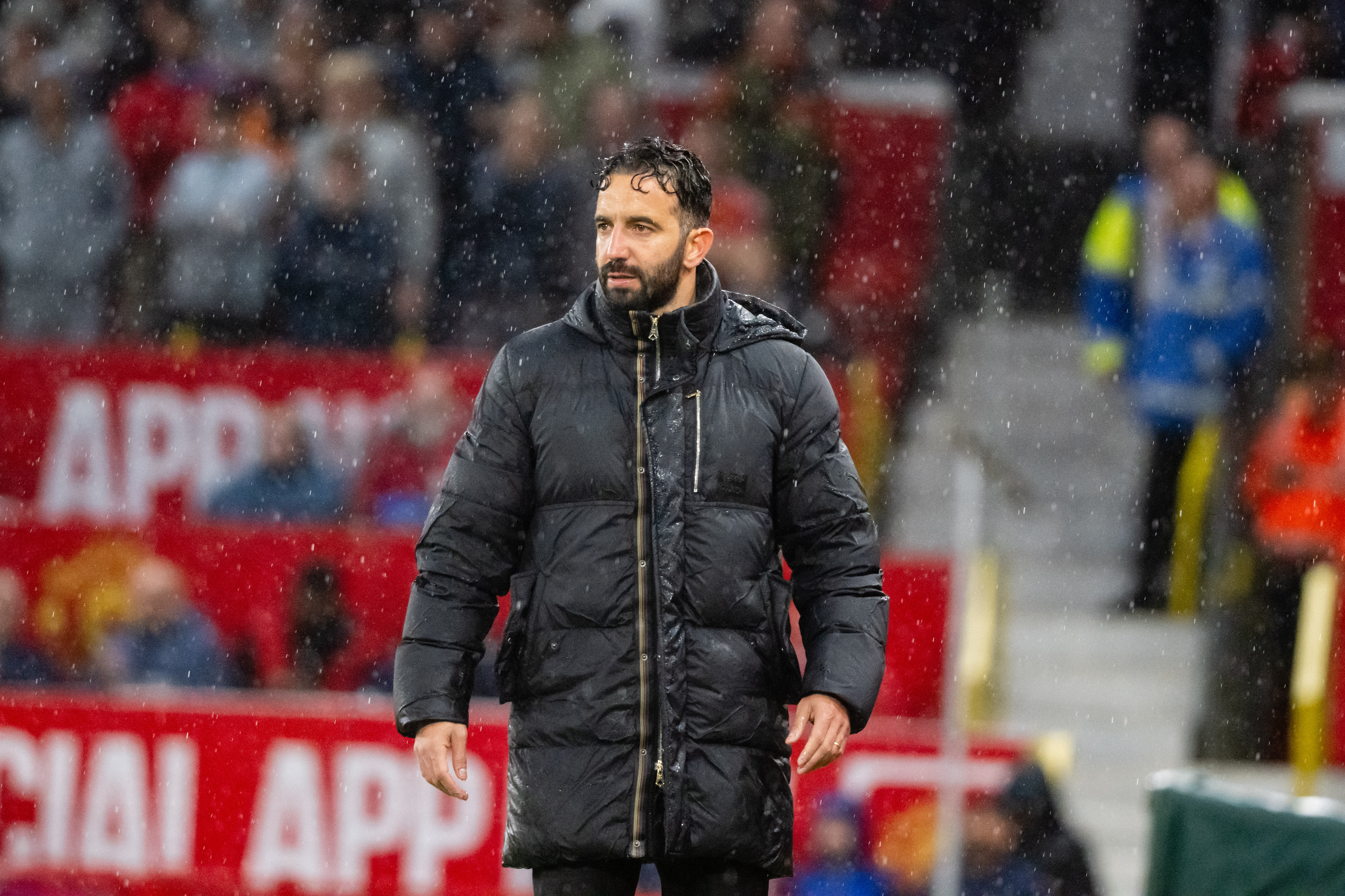Ruben Amorim coaches from the sideline at Old Trafford