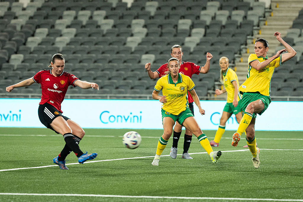 STOCKHOLM, SWEDEN - AUGUST 30: Elisabeth Terland of Manchester United scores 1-0 during the UEFA Women's Champions League Second Qualifying Round match at Stockholm Arena on August 30, 2025 in Stockholm, Sweden. (Photo by Michael Campanella/Getty Images)