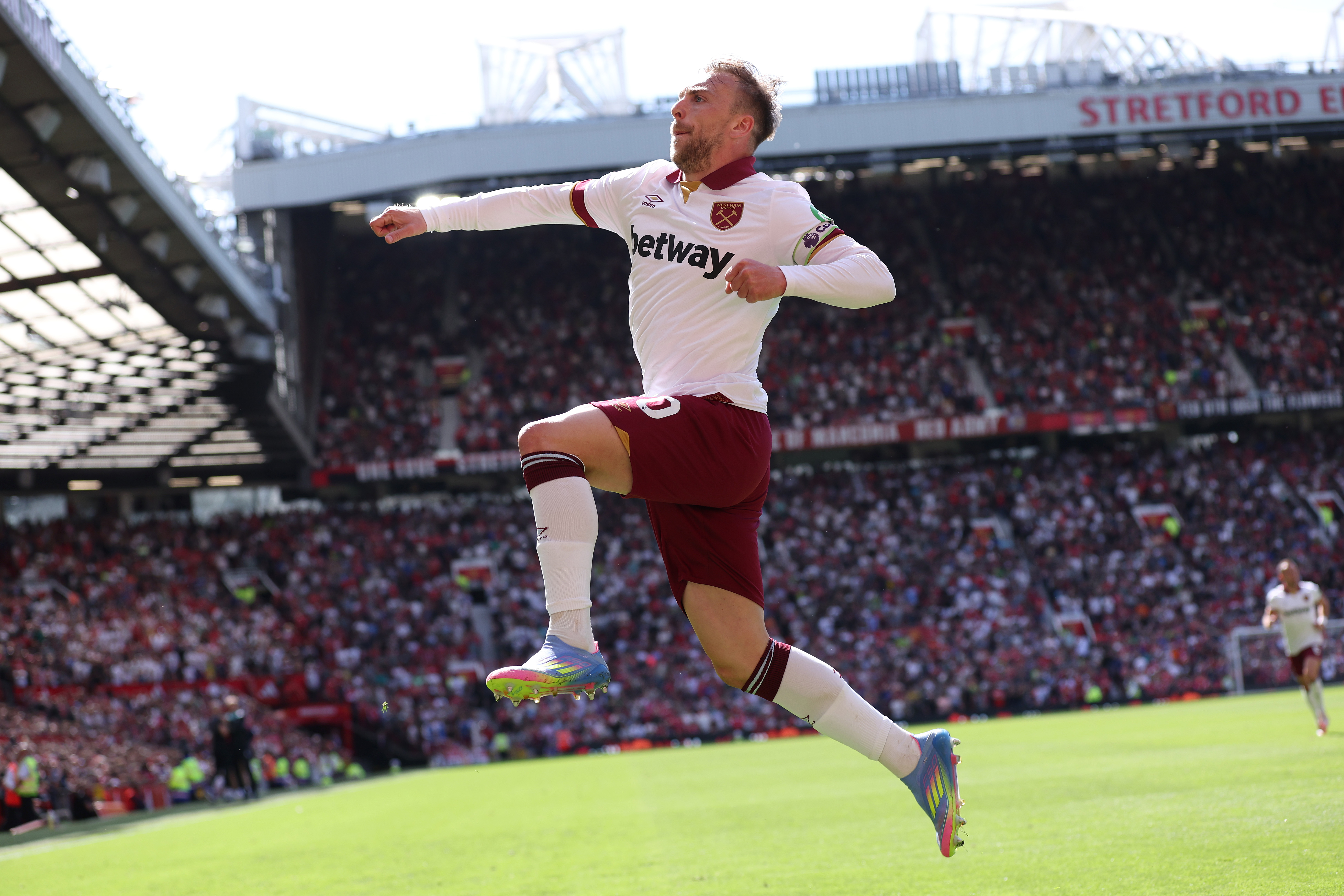 Jarrod Bowen celebrates after scoring for West Ham against Manchester United at Old Trafford in the Premier League in May 2025.