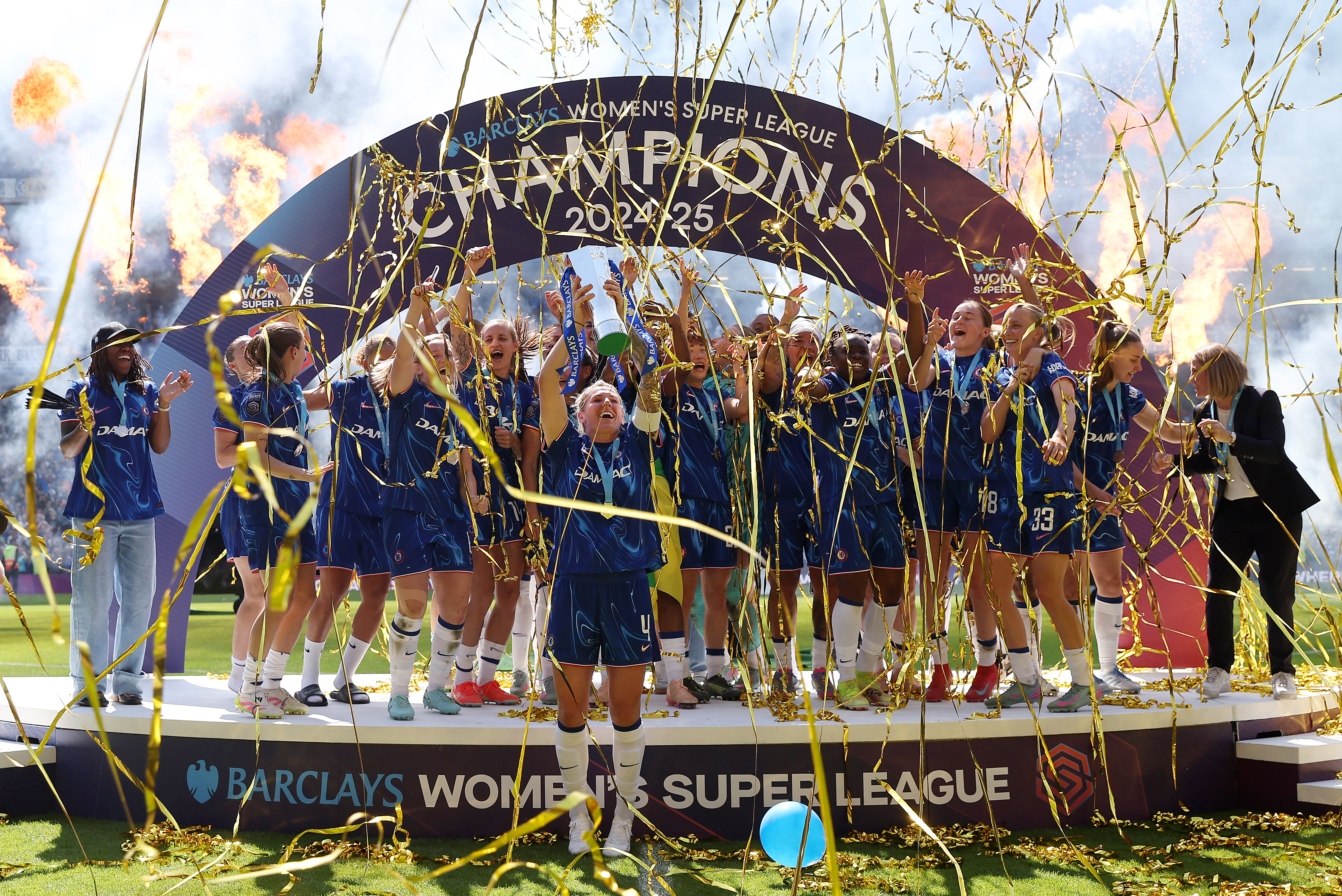 LONDON, ENGLAND - MAY 10: Millie Bright of Chelsea lifts the Barclays Women's Super League title trophy following the team's victory in the Barclays Women's Super League match between Chelsea FC and Liverpool FC at Stamford Bridge on May 10, 2025 in London, England. (Photo by Chris Lee - Chelsea FC/Chelsea FC via Getty Images)