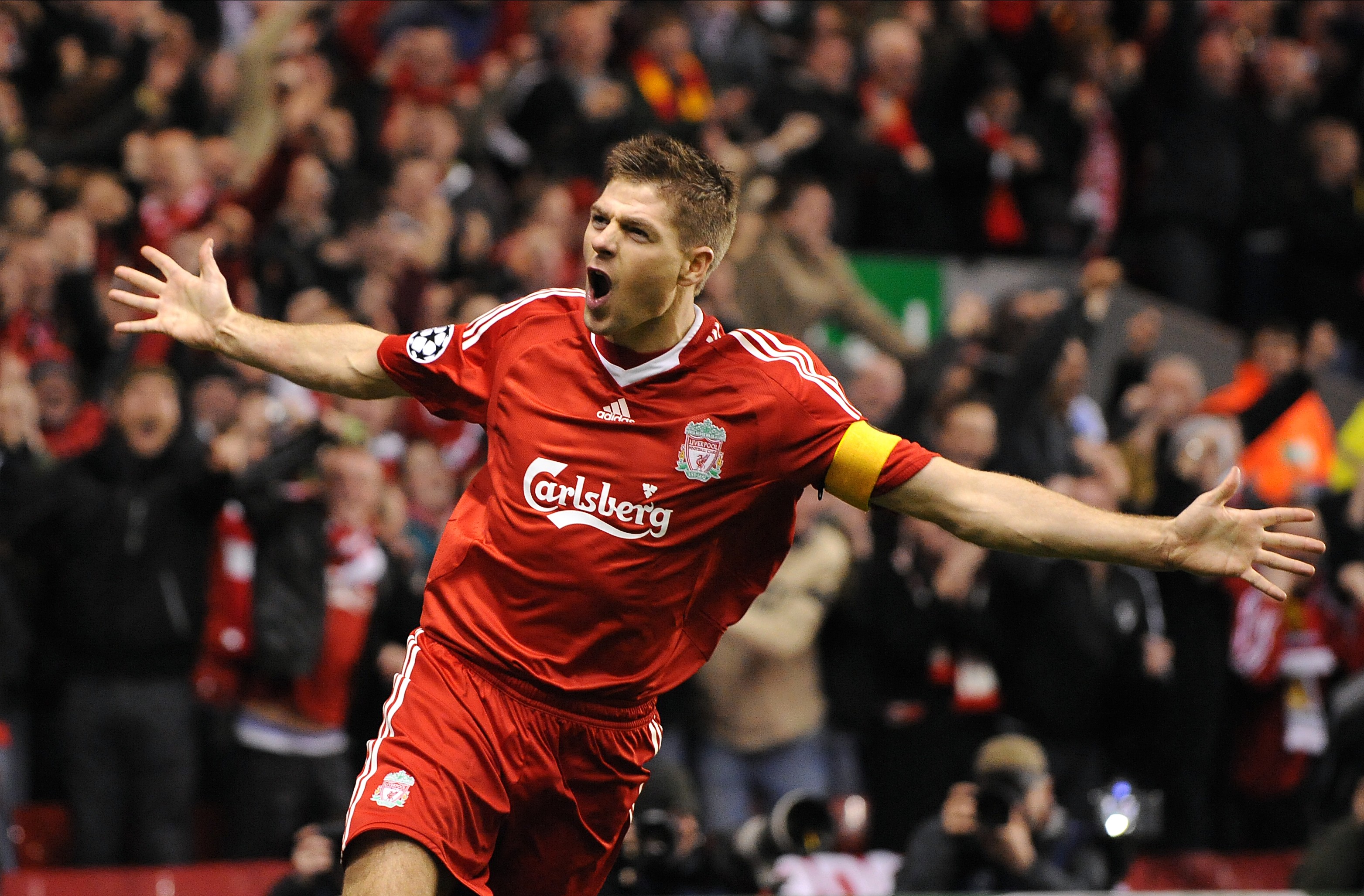 Steven Gerrard celebrates a goal for Liverpool against Real Madrid in the Champions League in March 2009.