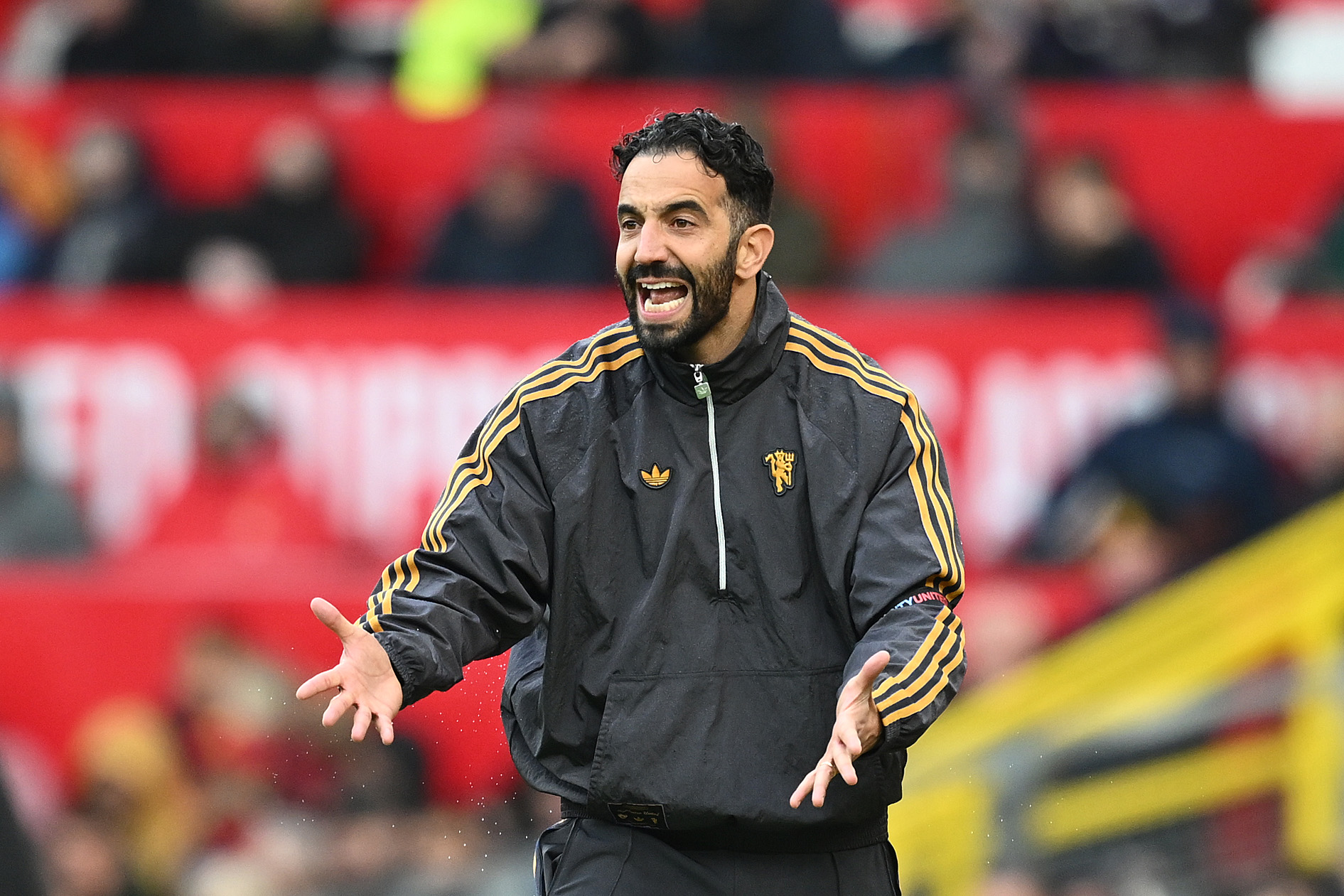 MANCHESTER, ENGLAND - OCTOBER 04: Ruben Amorim, the Manchester United Manager, displays a reaction during the Premier League match between Manchester United and Sunderland at Old Trafford on October 04, 2025 in Manchester, England. (Photo by Gareth Copley/Getty Images)