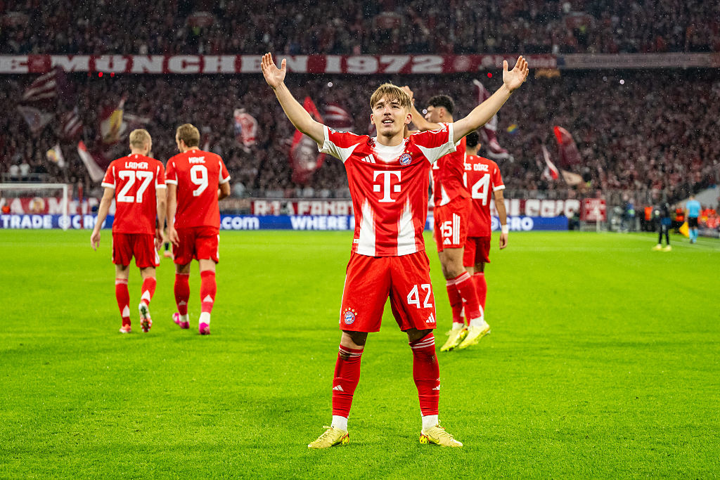 Lennart Karl of FC Bayern Muenchen celebrates after scoring his team's first goal during the UEFA Champions League 2025/26 League Phase MD3 match between FC Bayern M&uuml;nchen and Club Brugge KV at Football Arena Munich on October 22, 2025 in Munich, Germany.