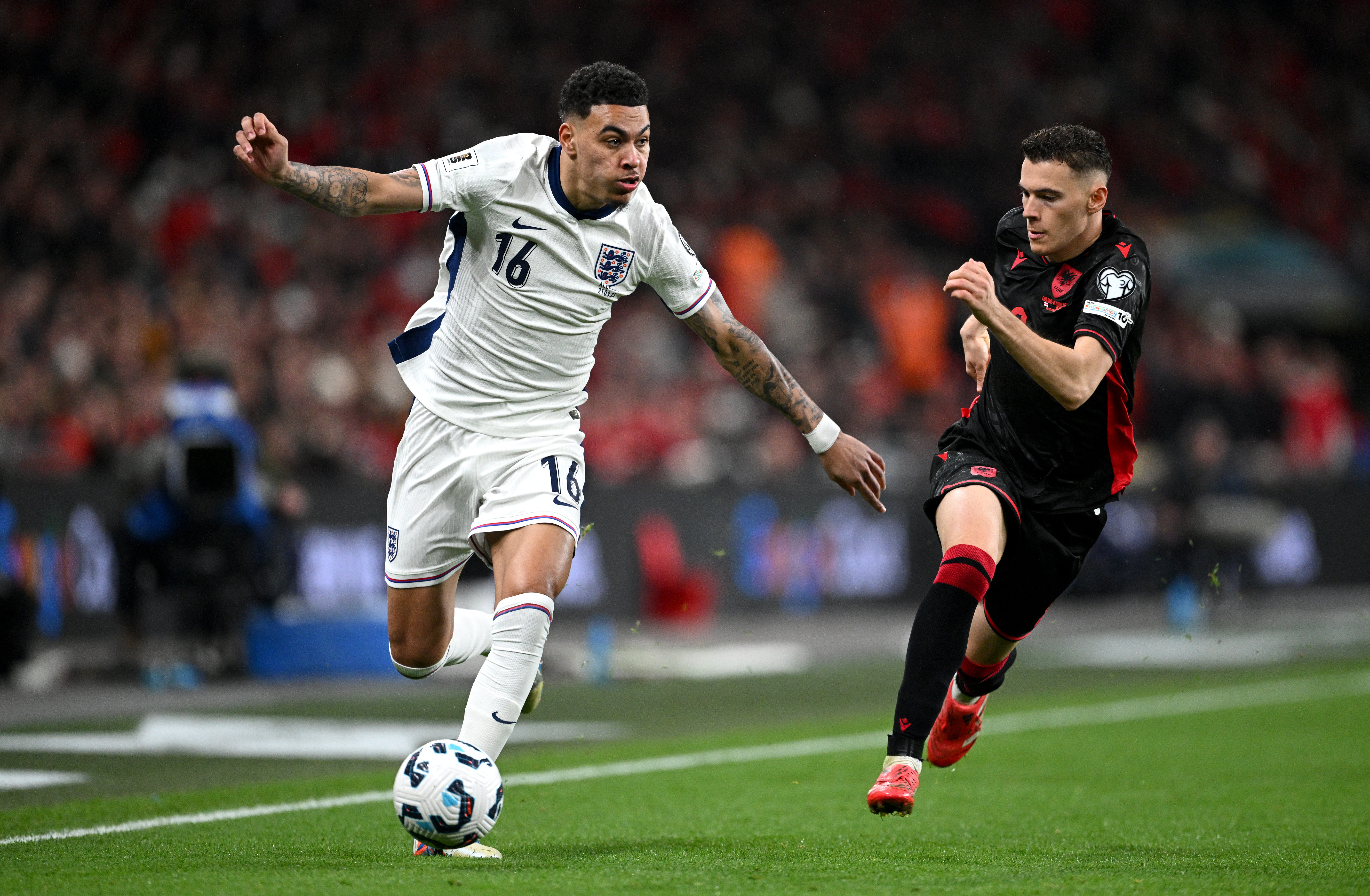 Morgan Rogers on the ball for England against Albania in March 2025.