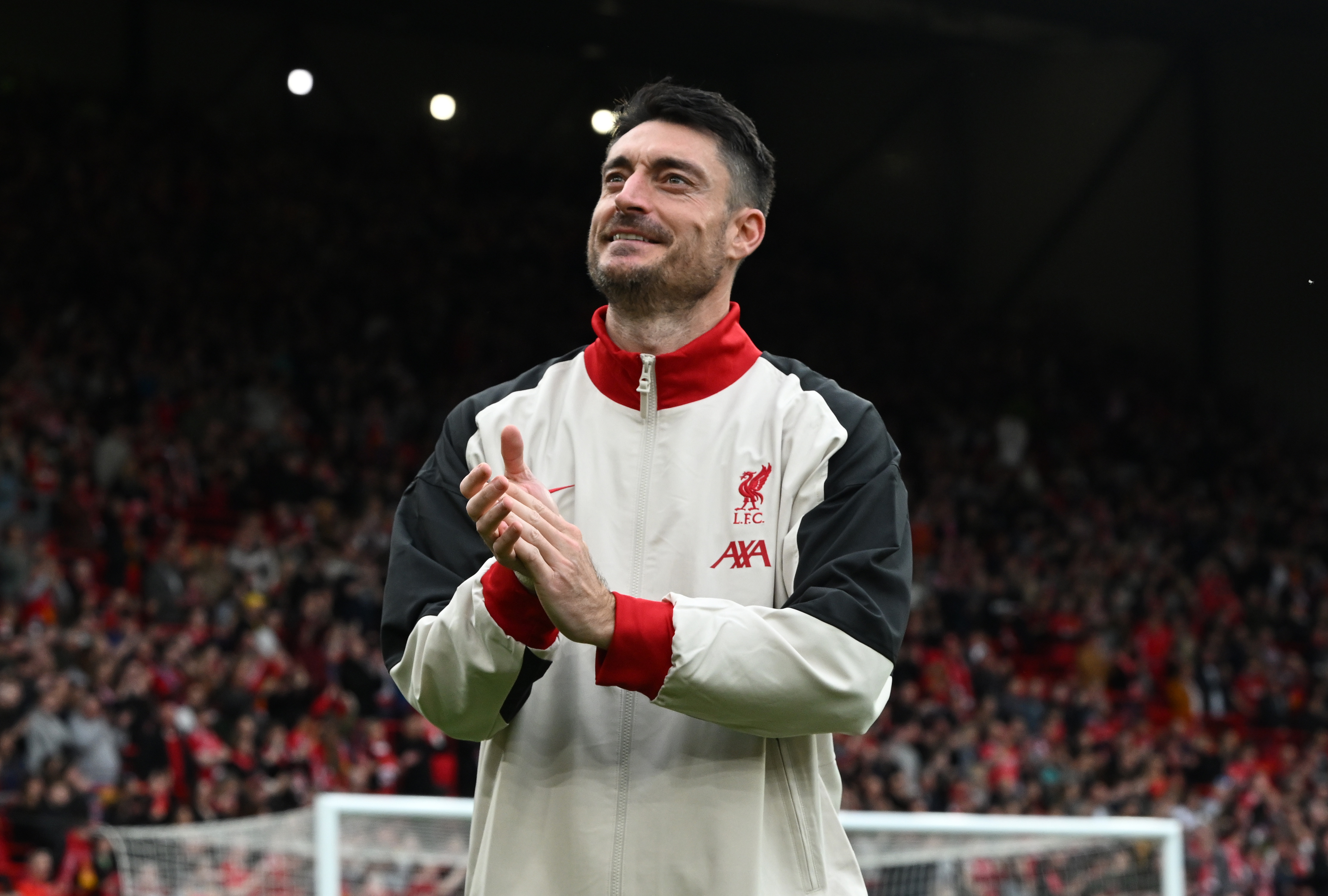 LIVERPOOL, ENGLAND - MARCH 22: (THE SUN OUT, THE SUN ON SUNDAY OUT) Albert Riera of Liverpool Legends acknowledges the fans after the Legends Charity Match between Liverpool Legends and Chelsea Legends at Anfield on March 22, 2025 in Liverpool, England. (Photo by LFC Foundation/Liverpool FC via Getty Images)