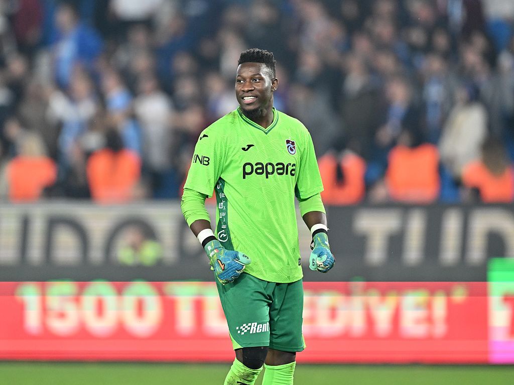 Andre Onana of Trabzonspor celebrates victory at the end of Turkish Super Lig match between Trabzonspor and Zecorner Kayserispor at Papara Park in Trabzon