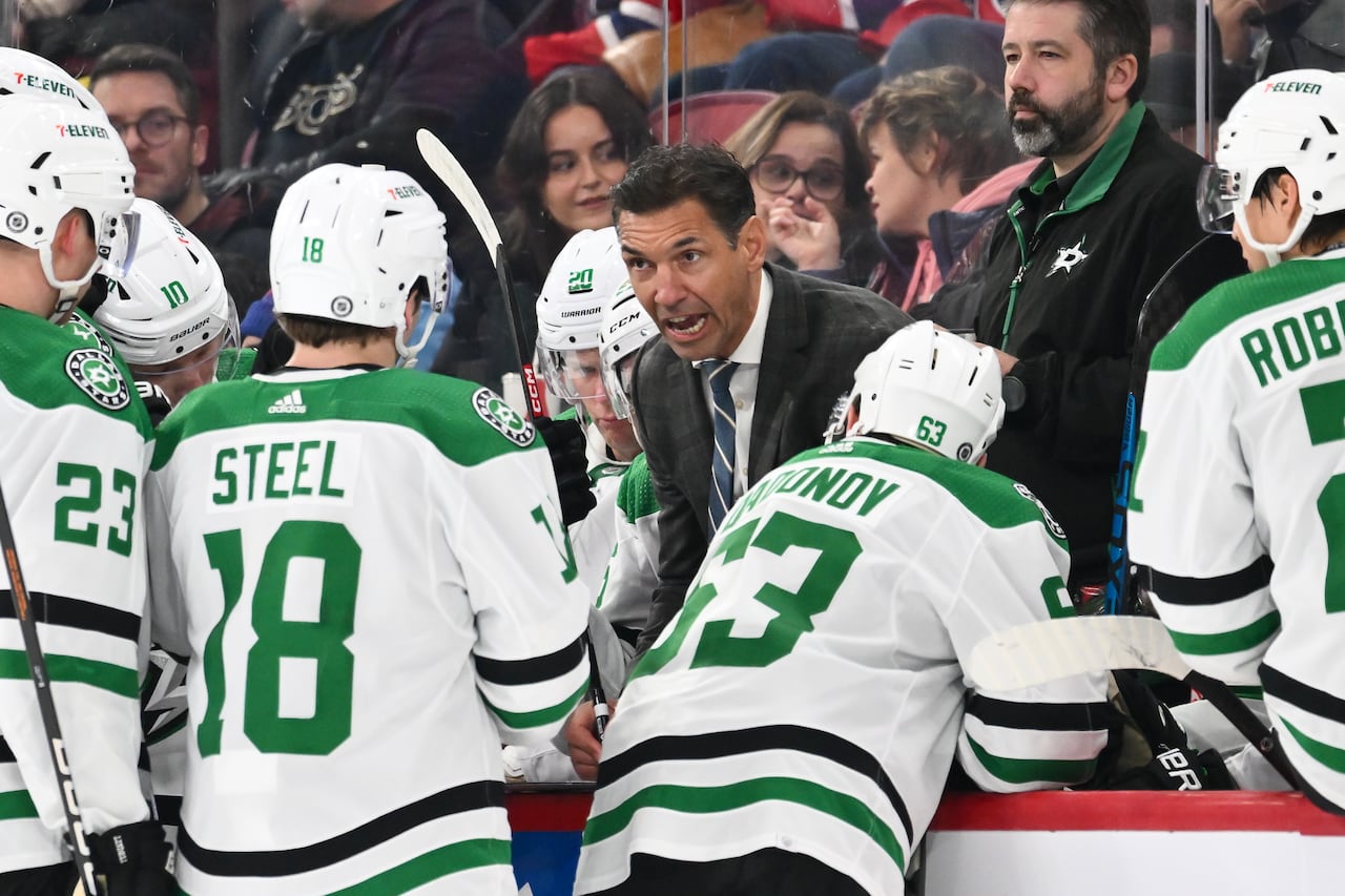 A hockey mentor is depicted conversing with his athletes, who are donning jerseys of white, green, and black.