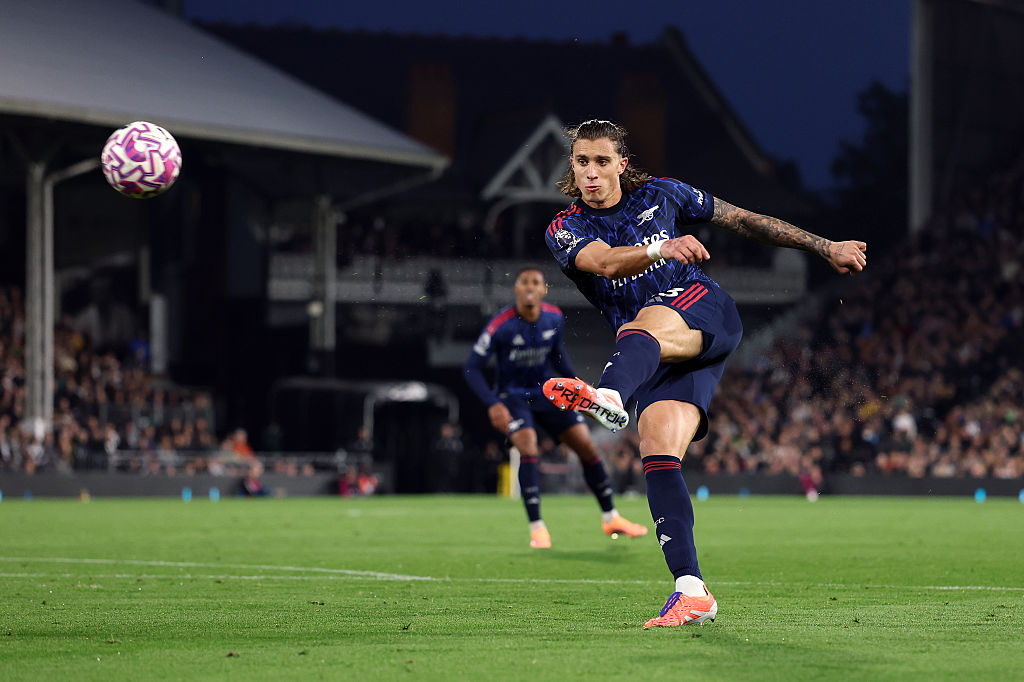 Riccardo Calafiori of Arsenal misses a chance after having a shot during the Premier League match between Fulham and Arsenal at Craven Cottage on October 18, 2025 in London, England.